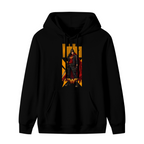 A caped figure in a street-style stance within a tall poster composition shown on the front of a women's hoodie in a standalone product shot