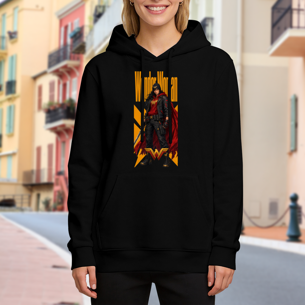 Outdoor photograph of a model in a women's hoodie bearing a caped figure in a street-style stance within a tall poster composition