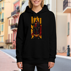 Outdoor photograph of a model in a women's hoodie bearing a caped figure in a street-style stance within a tall poster composition