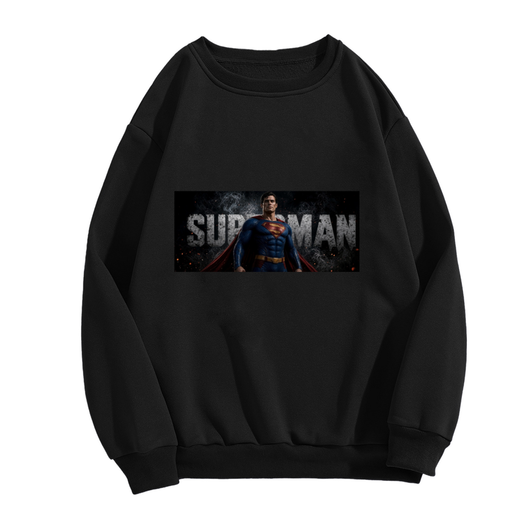 A classic caped portrait in a horizontal banner with prominent lettering shown on the front of a men's crewneck sweatshirt in a standalone product shot