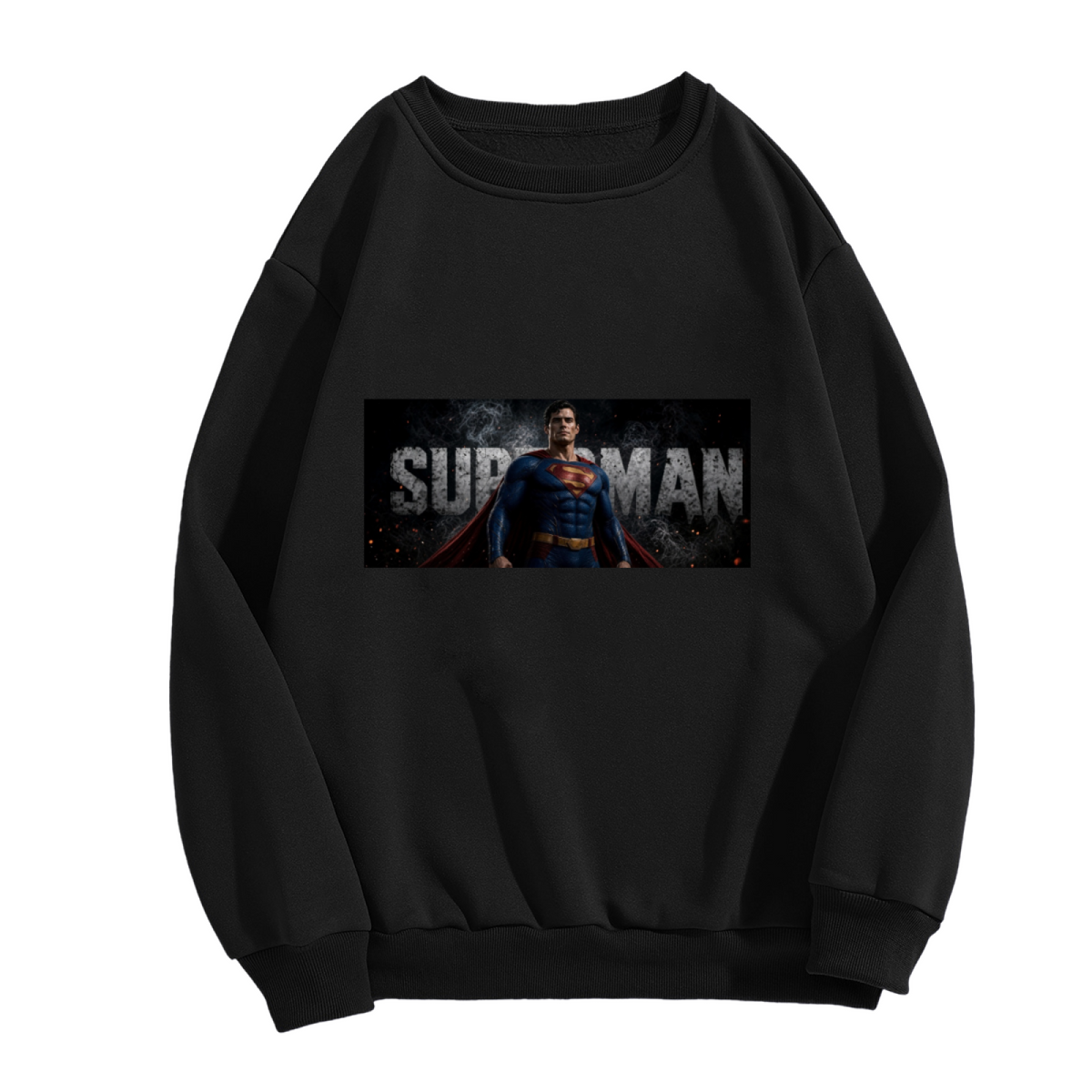 A classic caped portrait in a horizontal banner with prominent lettering shown on the front of a men's crewneck sweatshirt in a standalone product shot