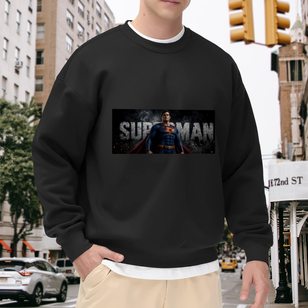 Outdoor photograph of a model in a men's crewneck sweatshirt bearing a classic caped portrait in a horizontal banner with prominent lettering