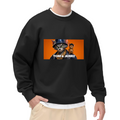 On-model product photo: men's crewneck sweatshirt bearing a cat wearing a bucket hat beside a mouse in a rectangular panel