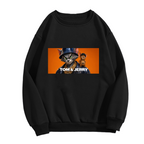 Men's crewneck sweatshirt photographed alone, with a cat wearing a bucket hat beside a mouse in a rectangular panel on the front