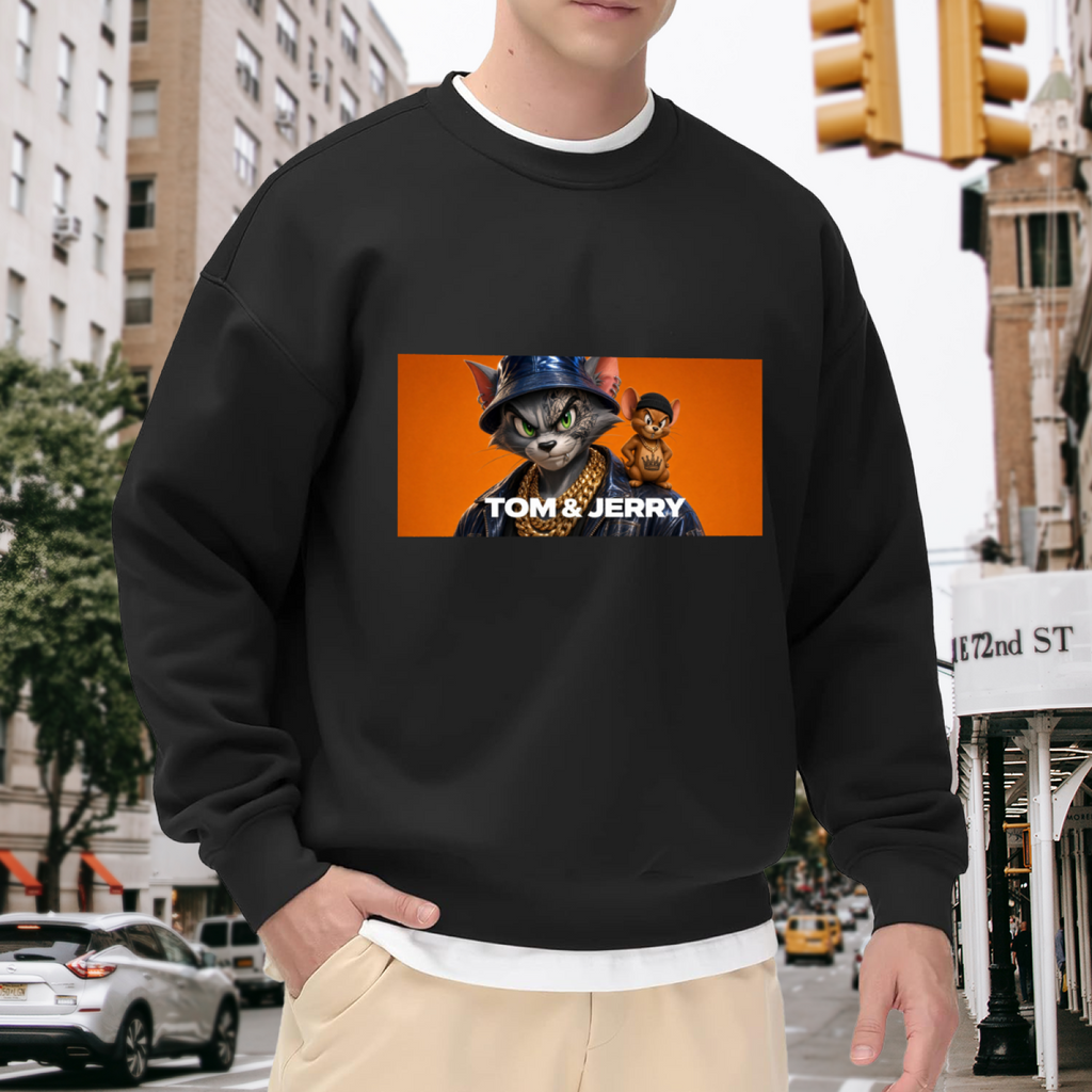 Lifestyle image outdoors: men's crewneck sweatshirt with a front graphic of a cat wearing a bucket hat beside a mouse in a rectangular panel