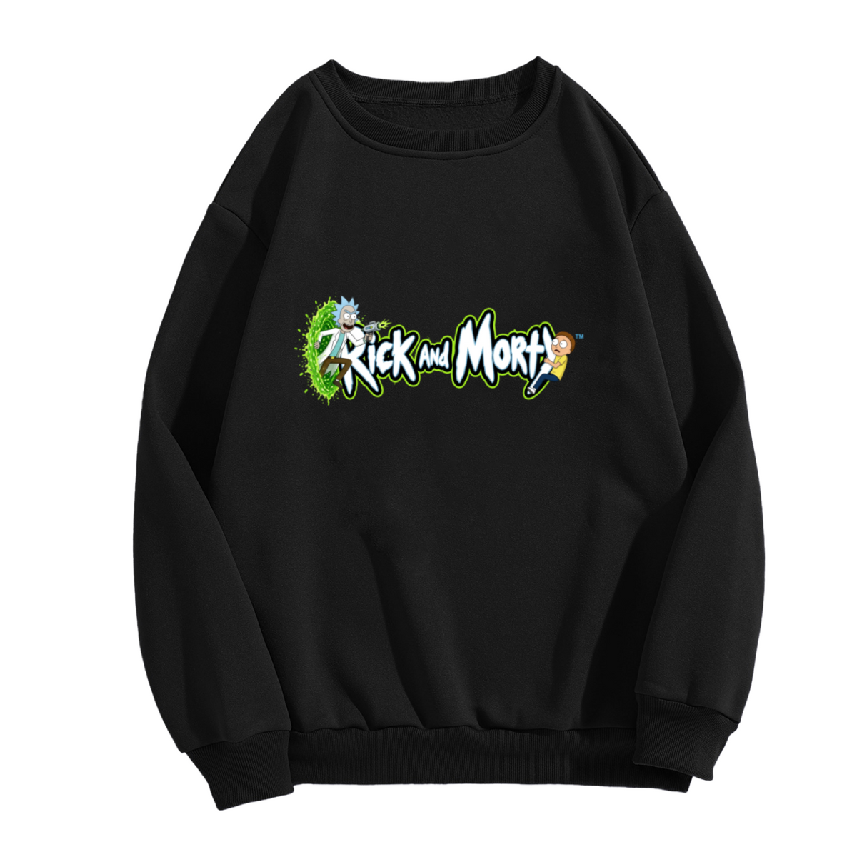 Standalone men's crewneck sweatshirt front displaying a graphic of two cartoon figures beside stylized lettering and a green portal