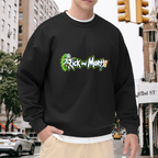 Men's crewneck sweatshirt worn outside, with the camera facing the graphic of two cartoon figures beside stylized lettering and a green portal