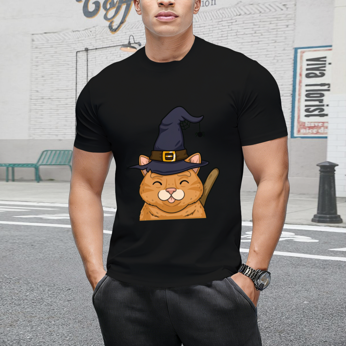 Kitty Cute Halloween Witches Graphic T-Shirt