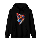 Standalone women's hoodie front displaying a graphic of a flying caped figure amid sharp multicolored brushstrokes