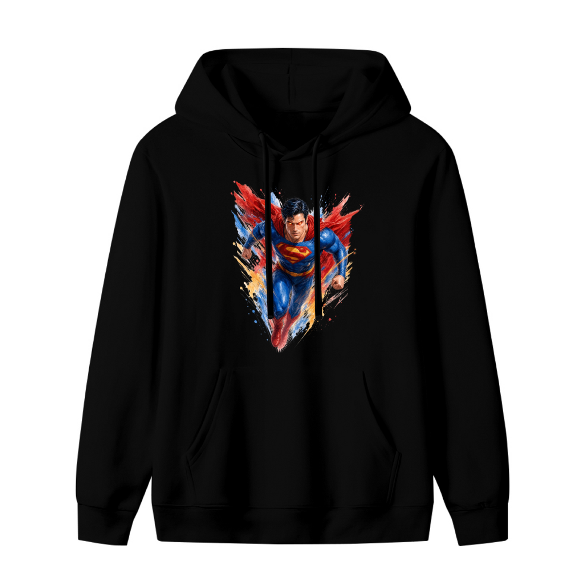 Standalone women's hoodie front displaying a graphic of a flying caped figure amid sharp multicolored brushstrokes