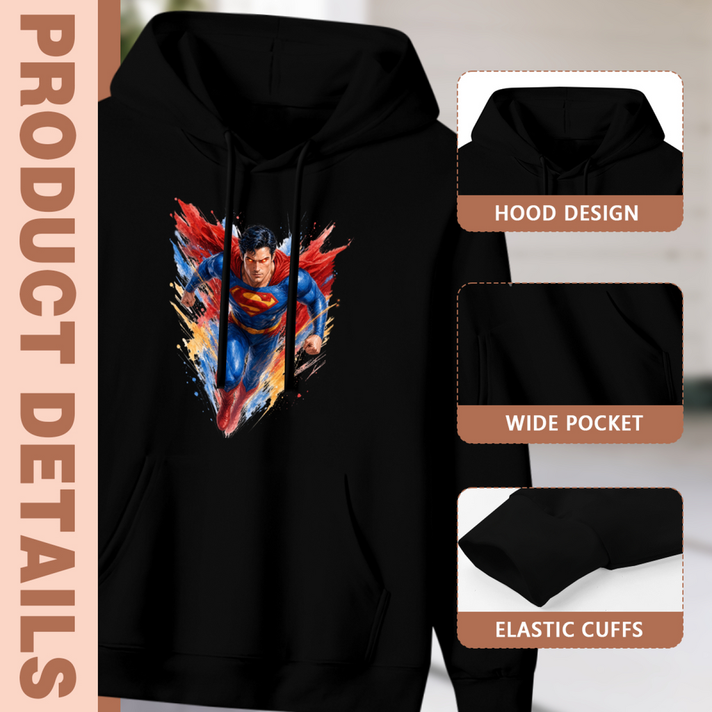 Construction-detail card for the women's A Cape through Colored Strokes hoodie, including the hood, front pouch and cuff edges