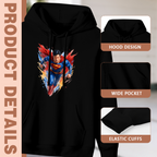 Construction-detail card for the women's A Cape through Colored Strokes hoodie, including the hood, front pouch and cuff edges