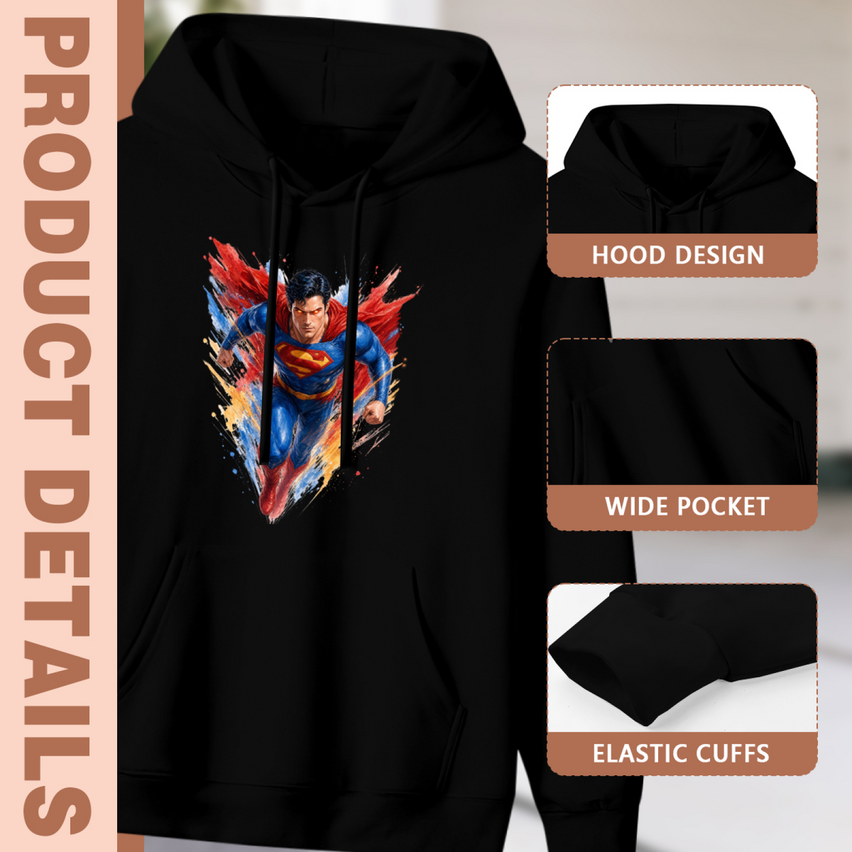 Construction-detail card for the women's A Cape through Colored Strokes hoodie, including the hood, front pouch and cuff edges