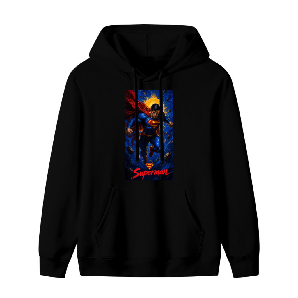Women's hoodie photographed alone, with a caped figure ascending into a cosmic backdrop with a golden halo on the front