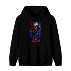 Women's hoodie photographed alone, with a caped figure ascending into a cosmic backdrop with a golden halo on the front