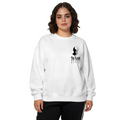 Women's crewneck sweatshirt seen on a model, its front graphic depicting a small masked silhouette with lightning-themed ink lettering