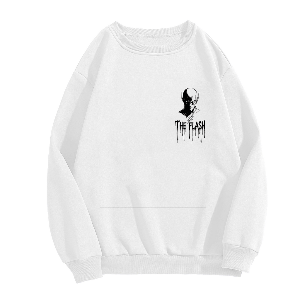 Front garment photograph: women's crewneck sweatshirt decorated with a small masked silhouette with lightning-themed ink lettering