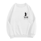 Front garment photograph: women's crewneck sweatshirt decorated with a small masked silhouette with lightning-themed ink lettering