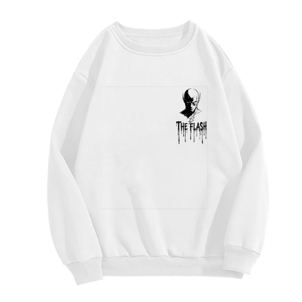 Front garment photograph: women's crewneck sweatshirt decorated with a small masked silhouette with lightning-themed ink lettering