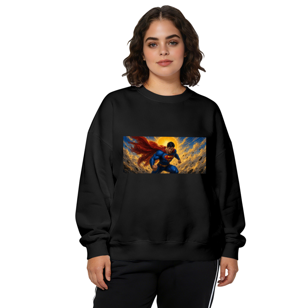 Front-facing model wearing a women's crewneck sweatshirt decorated with a flying caped figure crossing a golden panoramic sky