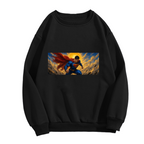A flying caped figure crossing a golden panoramic sky shown on the front of a women's crewneck sweatshirt in a standalone product shot