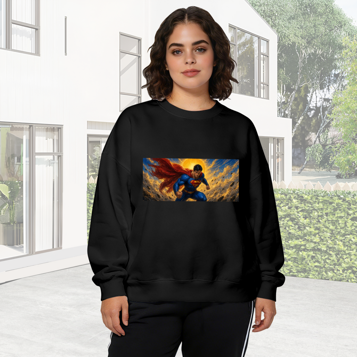 Outdoor photograph of a model in a women's crewneck sweatshirt bearing a flying caped figure crossing a golden panoramic sky