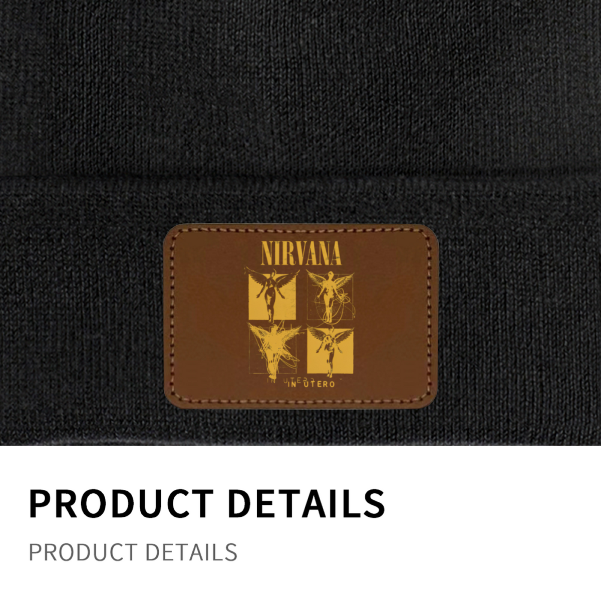 Nirvana In Utero Sketch Graphic Knit Beanie Patch – Nirvana-themed rectangular patch beanie product image, Red option