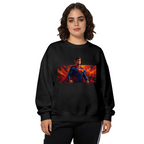 Studio photograph of a model in a women's crewneck sweatshirt showing a caped figure in a wide portrait framed by flame-like color