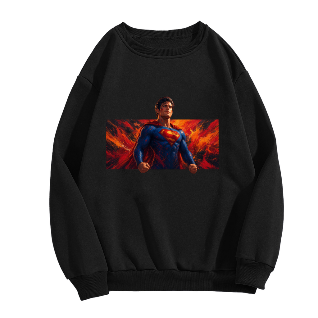 Standalone women's crewneck sweatshirt front displaying a graphic of a caped figure in a wide portrait framed by flame-like color