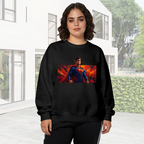 Women's crewneck sweatshirt worn outside, with the camera facing the graphic of a caped figure in a wide portrait framed by flame-like color