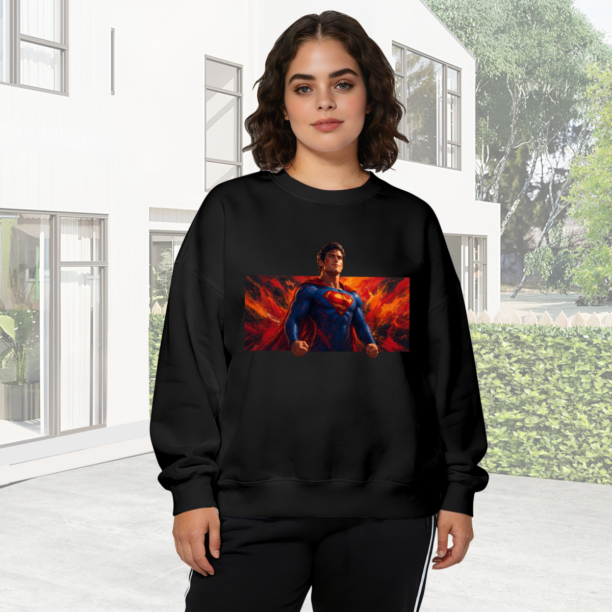 Women's crewneck sweatshirt worn outside, with the camera facing the graphic of a caped figure in a wide portrait framed by flame-like color
