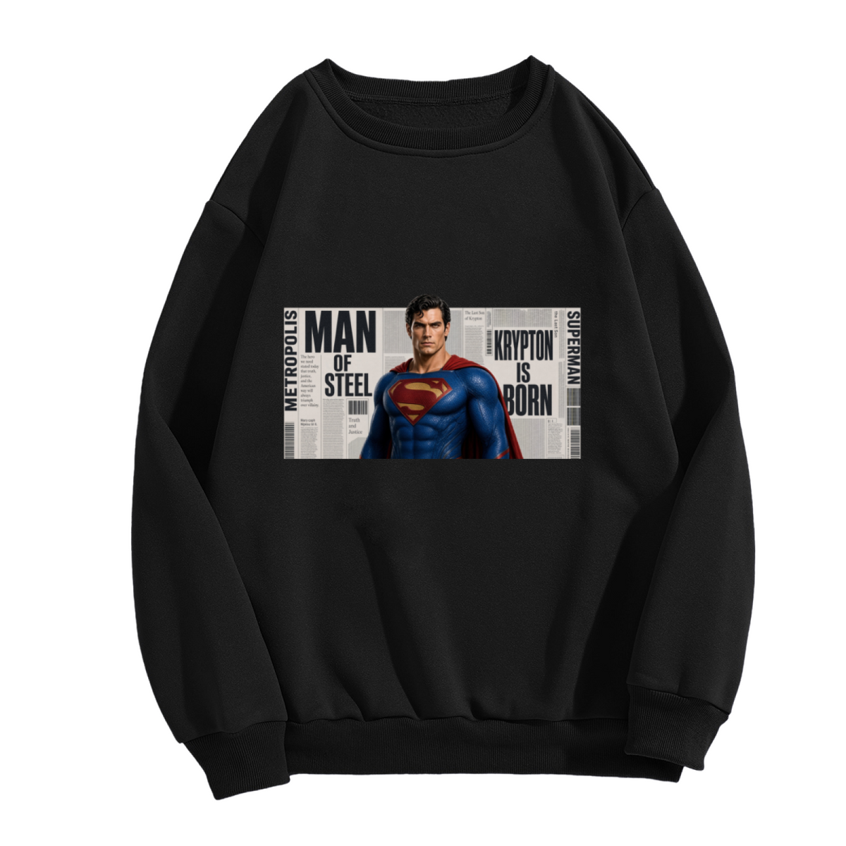 Unworn women's crewneck sweatshirt, front view of the design depicting a classic caped figure posed against a rectangular newspaper-style collage