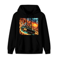 Men's hoodie photographed alone, with a muscle car racing through a cosmic landscape of glowing portals on the front