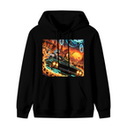 Men's hoodie photographed alone, with a muscle car racing through a cosmic landscape of glowing portals on the front