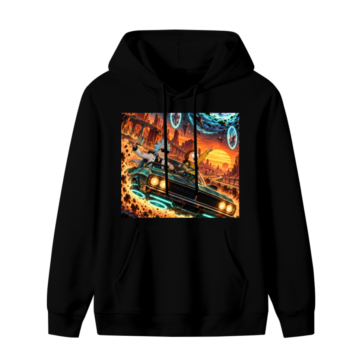 Men's hoodie photographed alone, with a muscle car racing through a cosmic landscape of glowing portals on the front