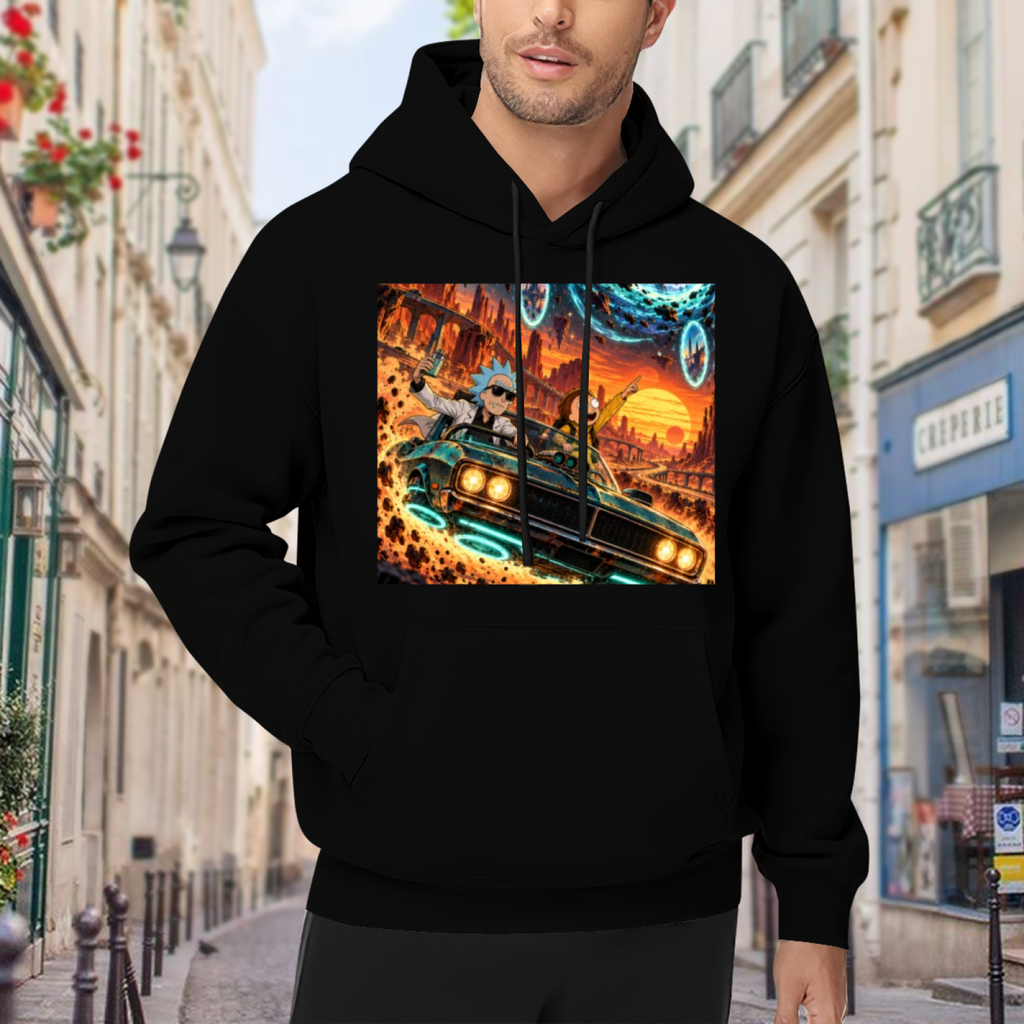 Lifestyle image outdoors: men's hoodie with a front graphic of a muscle car racing through a cosmic landscape of glowing portals