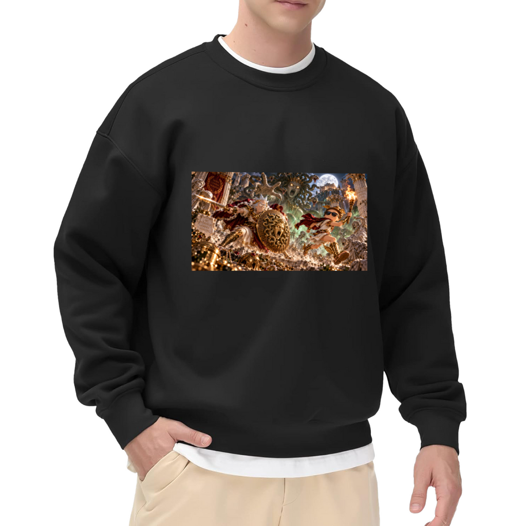 Studio photograph of a model in a men's crewneck sweatshirt showing a shield-bearing figure in a detailed moonlit battle scene