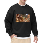 Studio photograph of a model in a men's crewneck sweatshirt showing a shield-bearing figure in a detailed moonlit battle scene