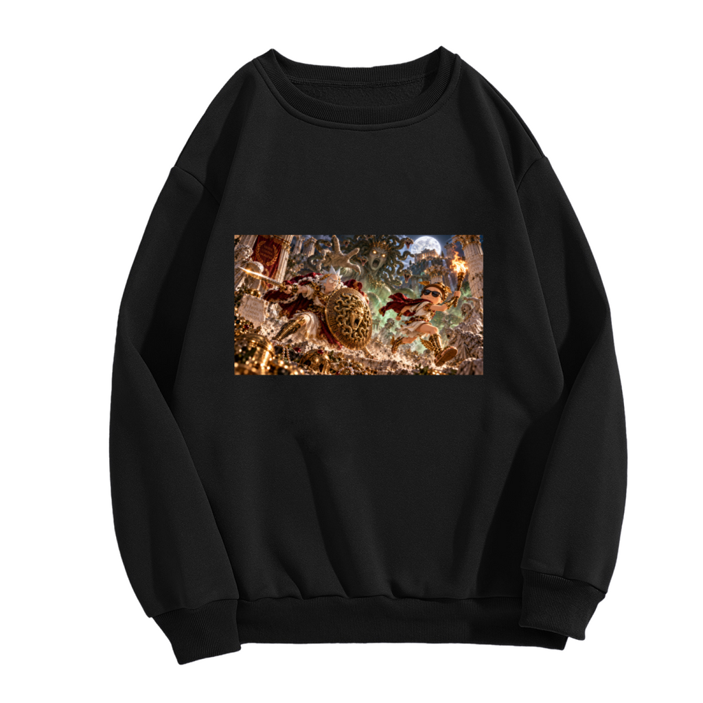 Standalone men's crewneck sweatshirt front displaying a graphic of a shield-bearing figure in a detailed moonlit battle scene