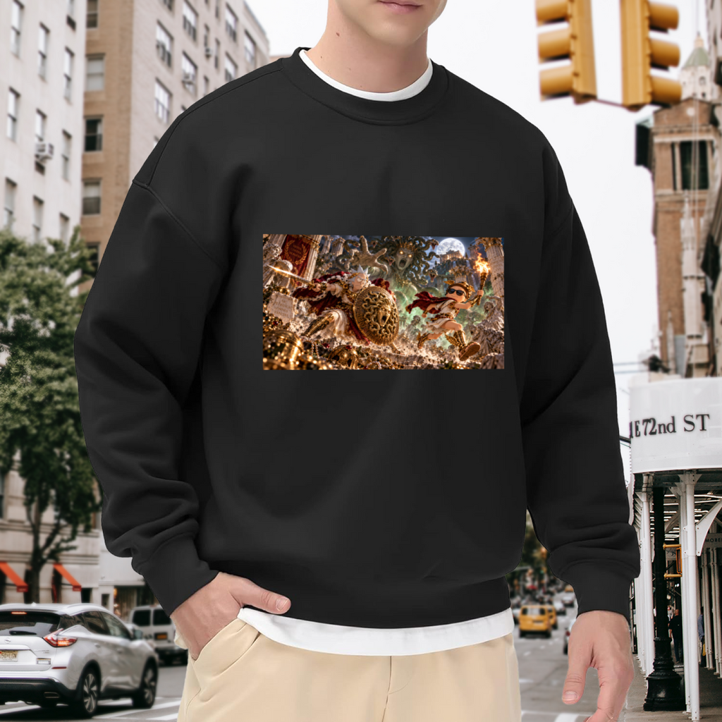 Men's crewneck sweatshirt worn outside, with the camera facing the graphic of a shield-bearing figure in a detailed moonlit battle scene